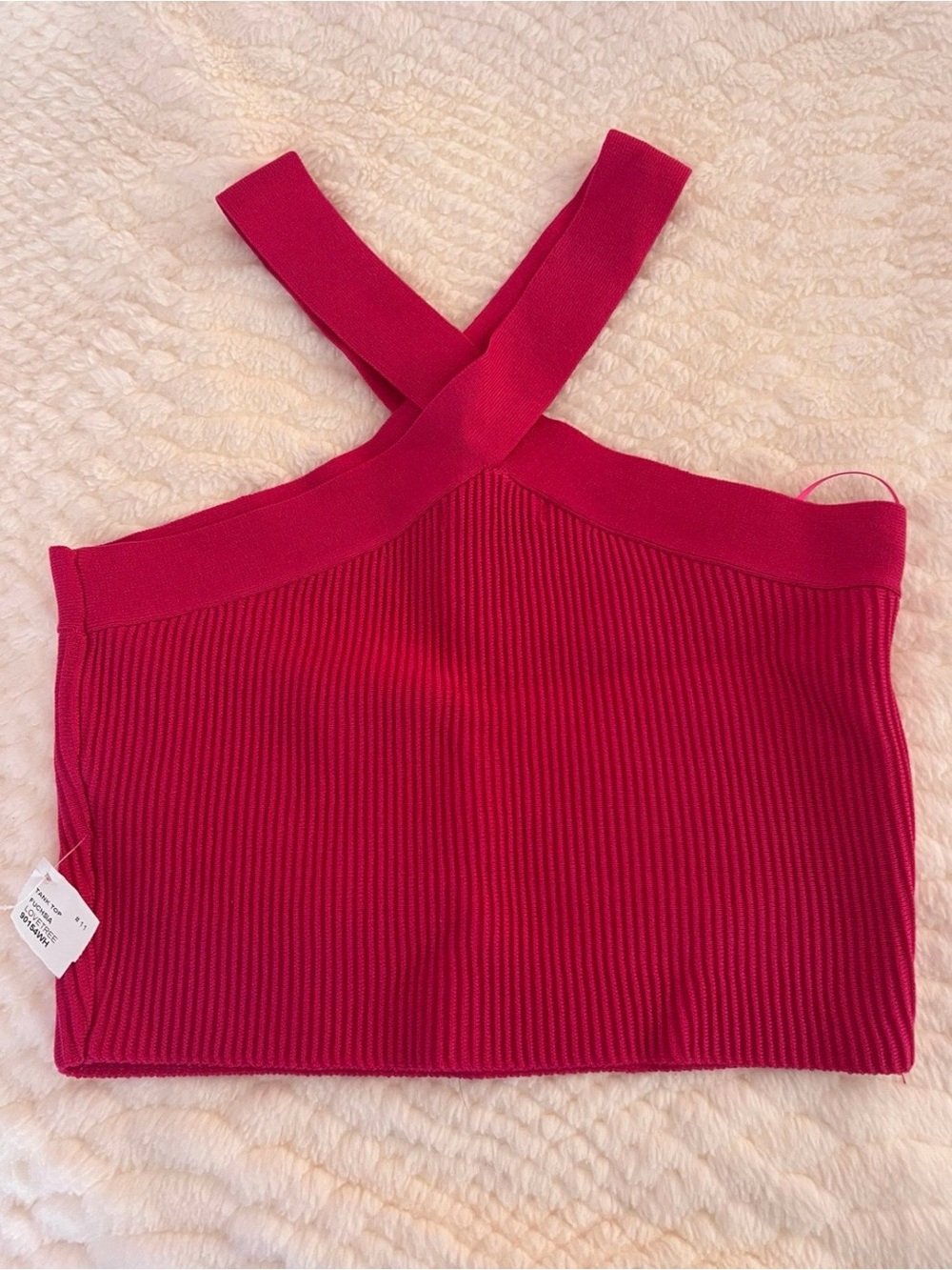 Love Tree Ribbed Cross-Back Crop Top in Magenta Pink